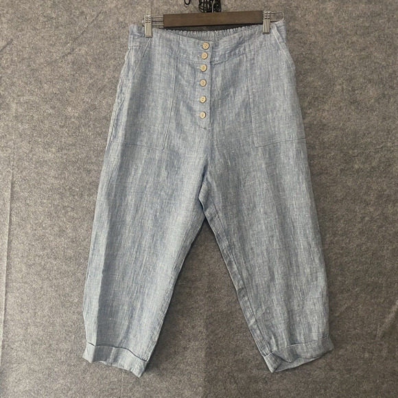 Magic Linen Pants - Magic Linen Crop Pants Womens Sz M Blue‎ 100% Linen Pockets Button Close Elastic